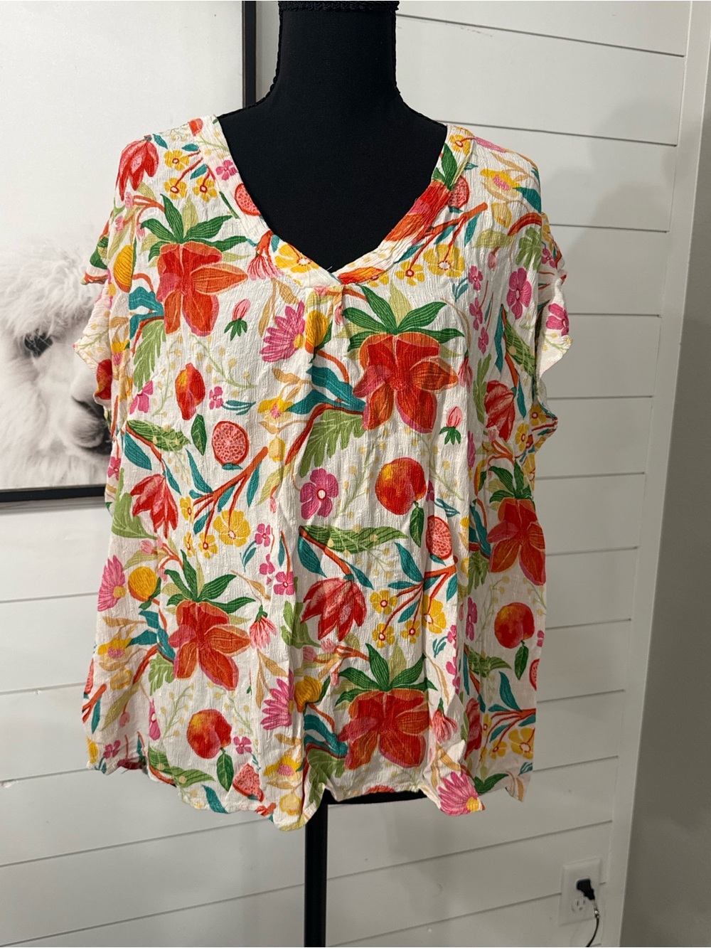 Cynthia Rowley Plus 3X Multicolor Floral V-Neck Ruffle Sleeve Blouse